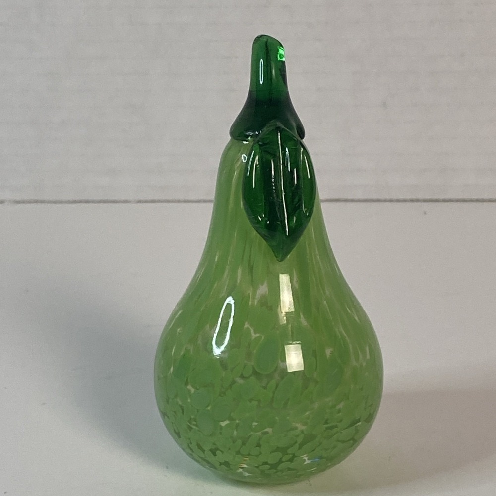 Studio Art Glass Hand Blown Mottled Green Pear 4" Paperweight Kitchen Home Decor